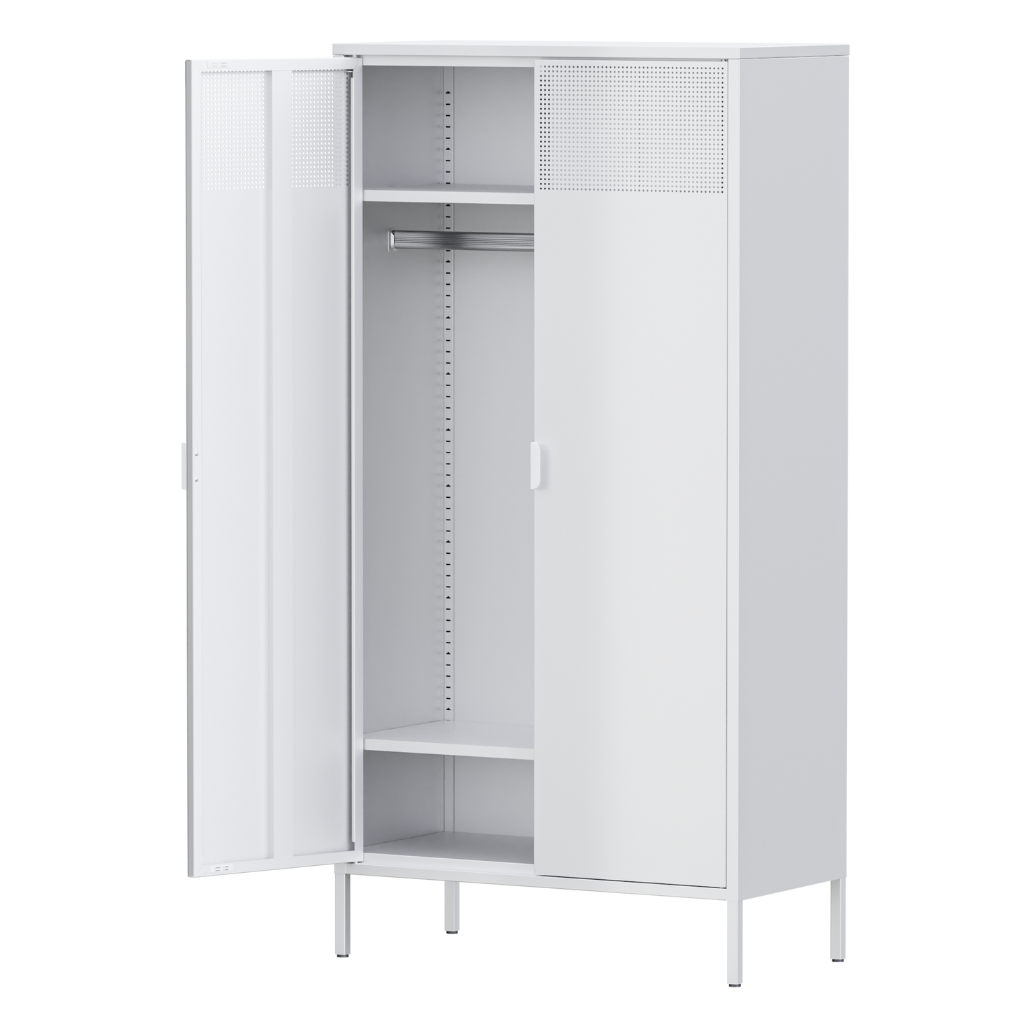 There are air holes above the door of the white wardrobe, and a storage layer (the height of the layer board can be adjusted) above and below the inside to fix the hanger bar