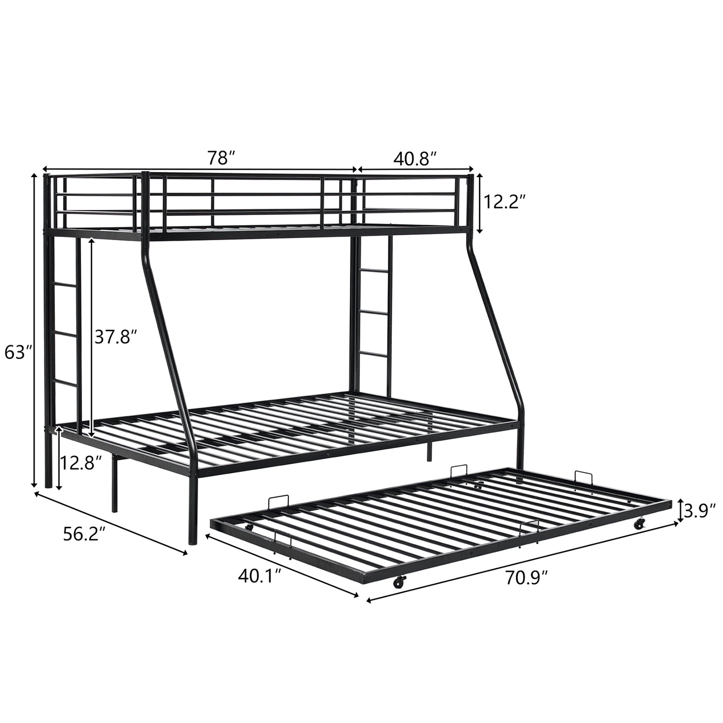 Twin Over Full Bunk Bed with Trundle, Triple Bunk Beds for Kids Teens Adults, Metal Bunk Bed with Two Side Ladder and Guardrails, Black