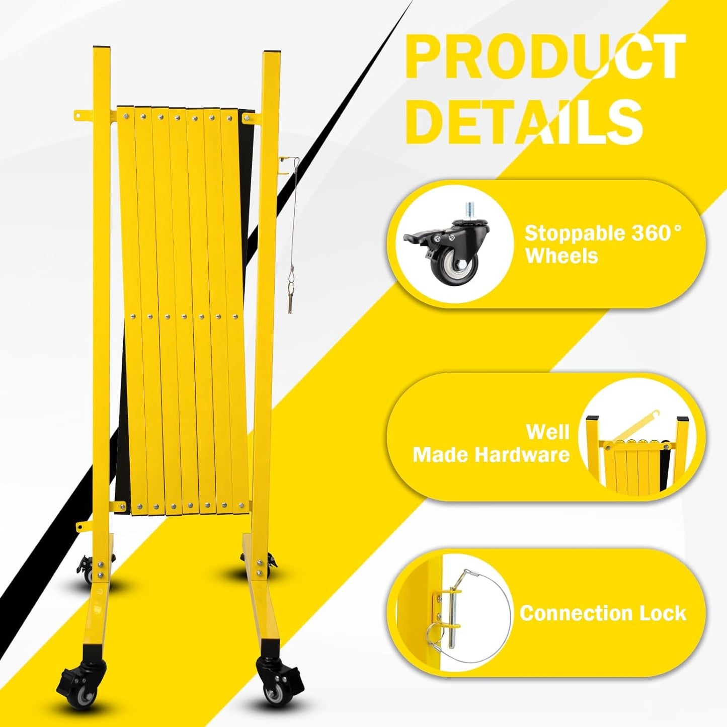 Metal Expandable Barricade, 11 Feet Retractable Fence Outdoor, Mobile Safety Barrier Gate, Easily Assembled Expanding Gate with Casters, Collapsible Accordion Barricade Gate Outdoor