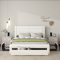 Queen Size Bed Frame with Drawer Storage, Leather Upholstered Platform Bed with Charging Station - Beige