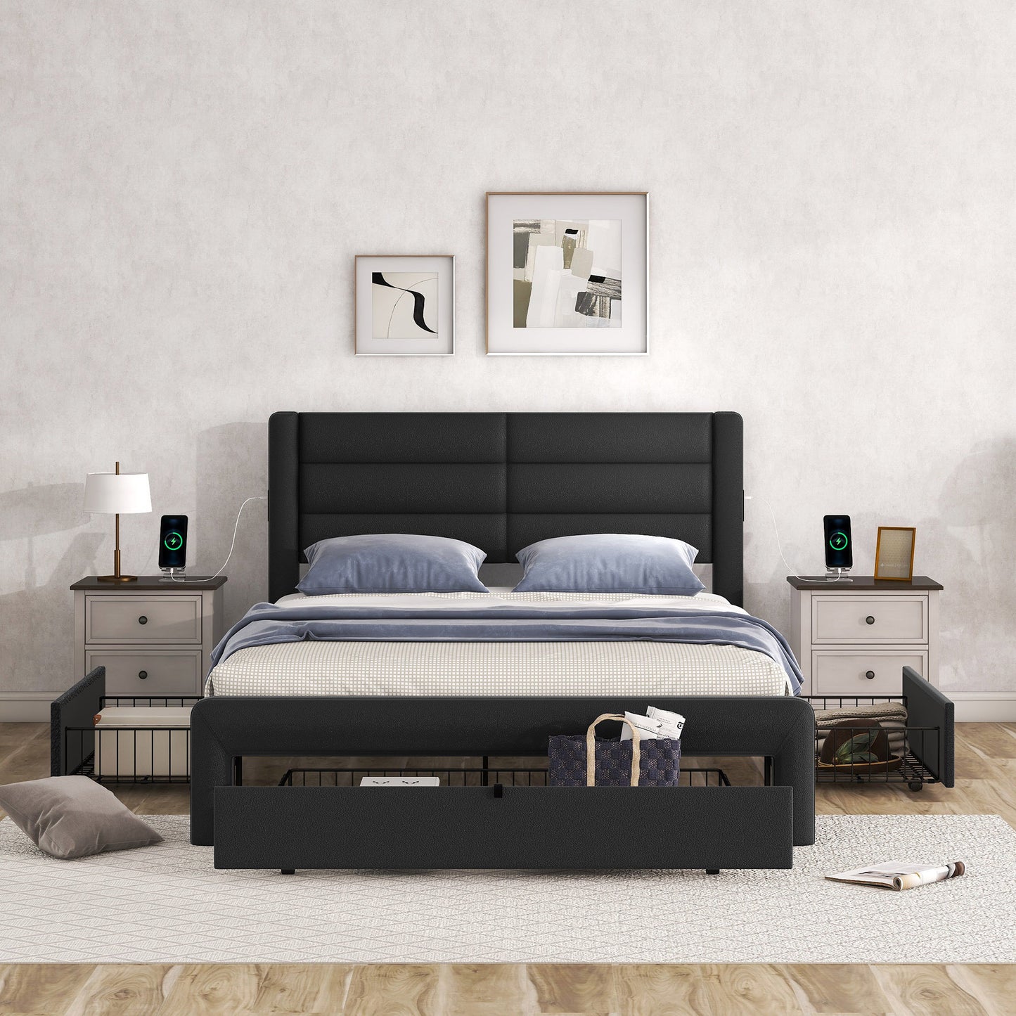 Queen Size Bed Frame with Drawer Storage, Leather Upholstered Platform Bed with Charging Station - Beige