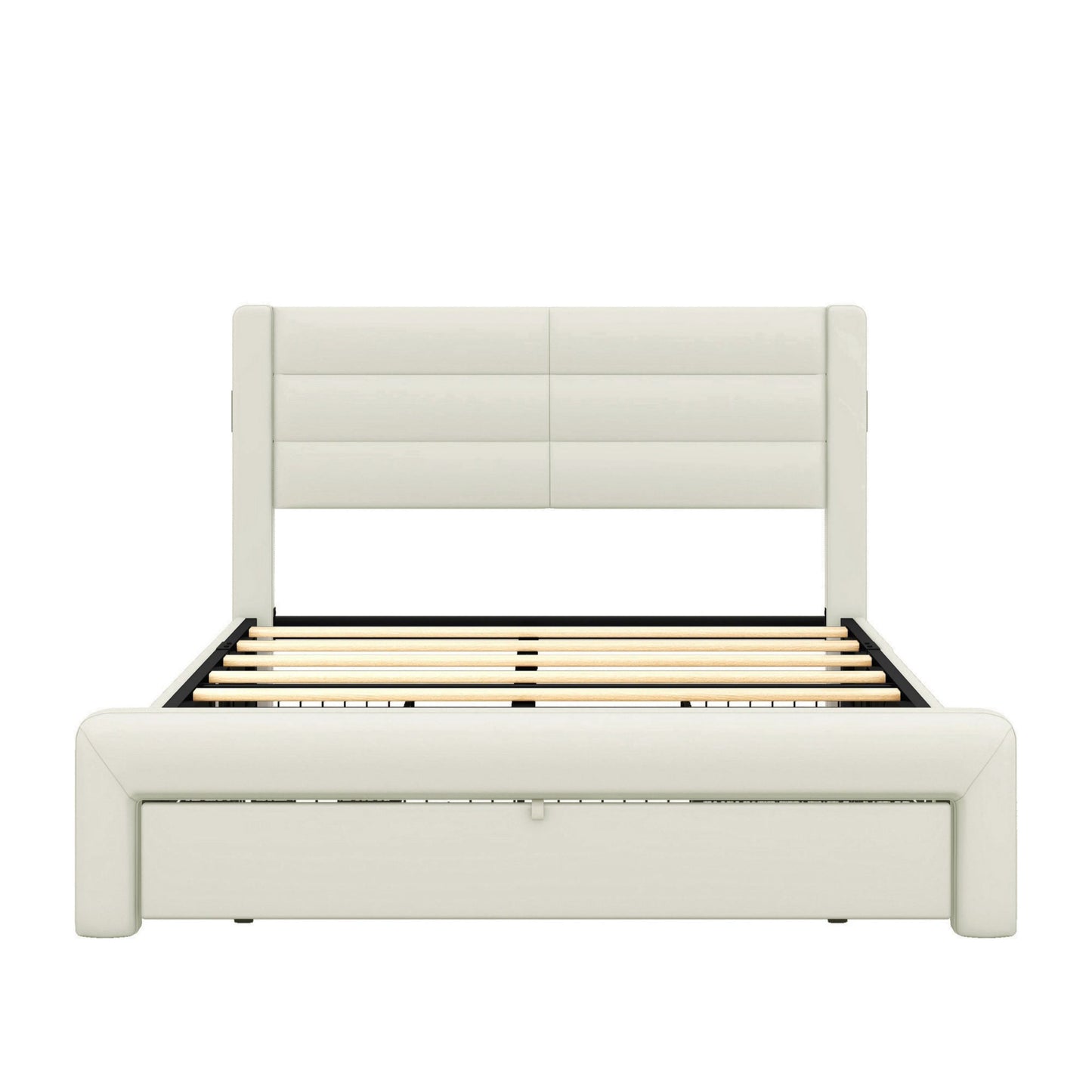 Queen Size Bed Frame with Drawer Storage, Leather Upholstered Platform Bed with Charging Station - Beige