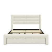 Queen Size Bed Frame with Drawer Storage, Leather Upholstered Platform Bed with Charging Station - Beige