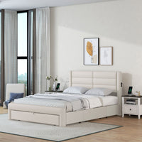 Queen Size Bed Frame with Drawer Storage, Leather Upholstered Platform Bed with Charging Station - Beige