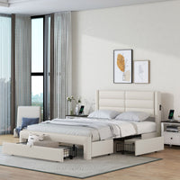 Queen Size Bed Frame with Drawer Storage, Leather Upholstered Platform Bed with Charging Station - Beige