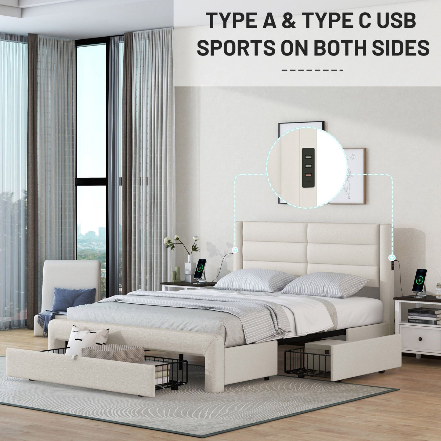 Queen Size Bed Frame with Drawer Storage, Leather Upholstered Platform Bed with Charging Station - Beige