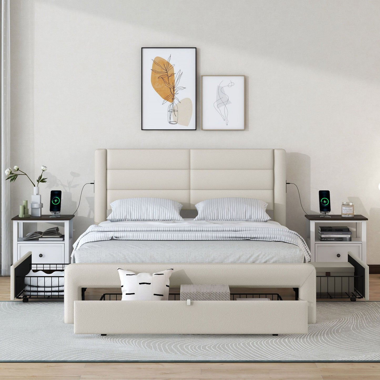 Queen Size Bed Frame with Drawer Storage, Leather Upholstered Platform Bed with Charging Station - Beige