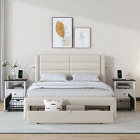 Queen Size Bed Frame with Drawer Storage, Leather Upholstered Platform Bed with Charging Station - Beige