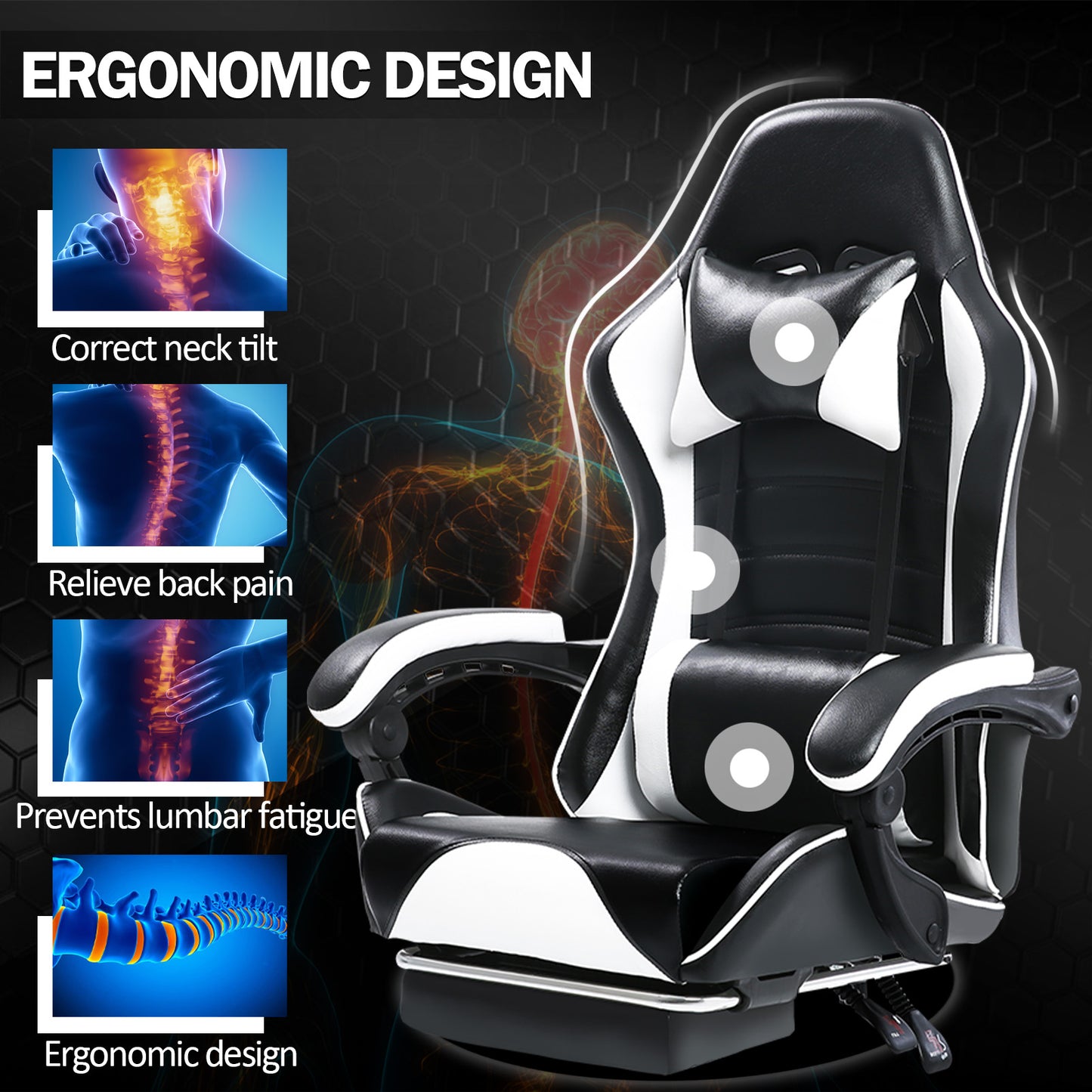 Game Chair, Adult Electronic Gaming Chair, Ergonomically Designed, PU Leather, Lounge Chair with Footstool and Waist Support, Office Chair, White