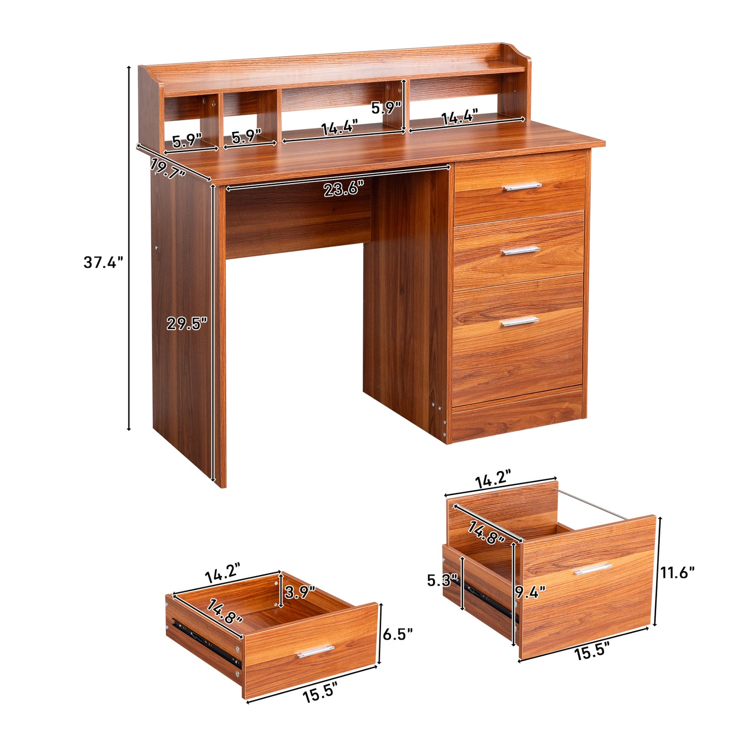 Walnut relief, particle board with melamine laminated board, desktop storage layer, 110*50*95cm, three drawers, computer desk, can hang letter size documents