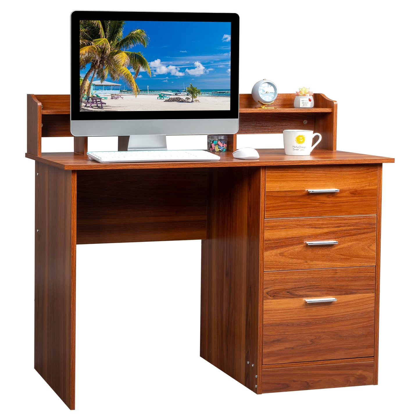 Walnut relief, particle board with melamine laminated board, desktop storage layer, 110*50*95cm, three drawers, computer desk, can hang letter size documents