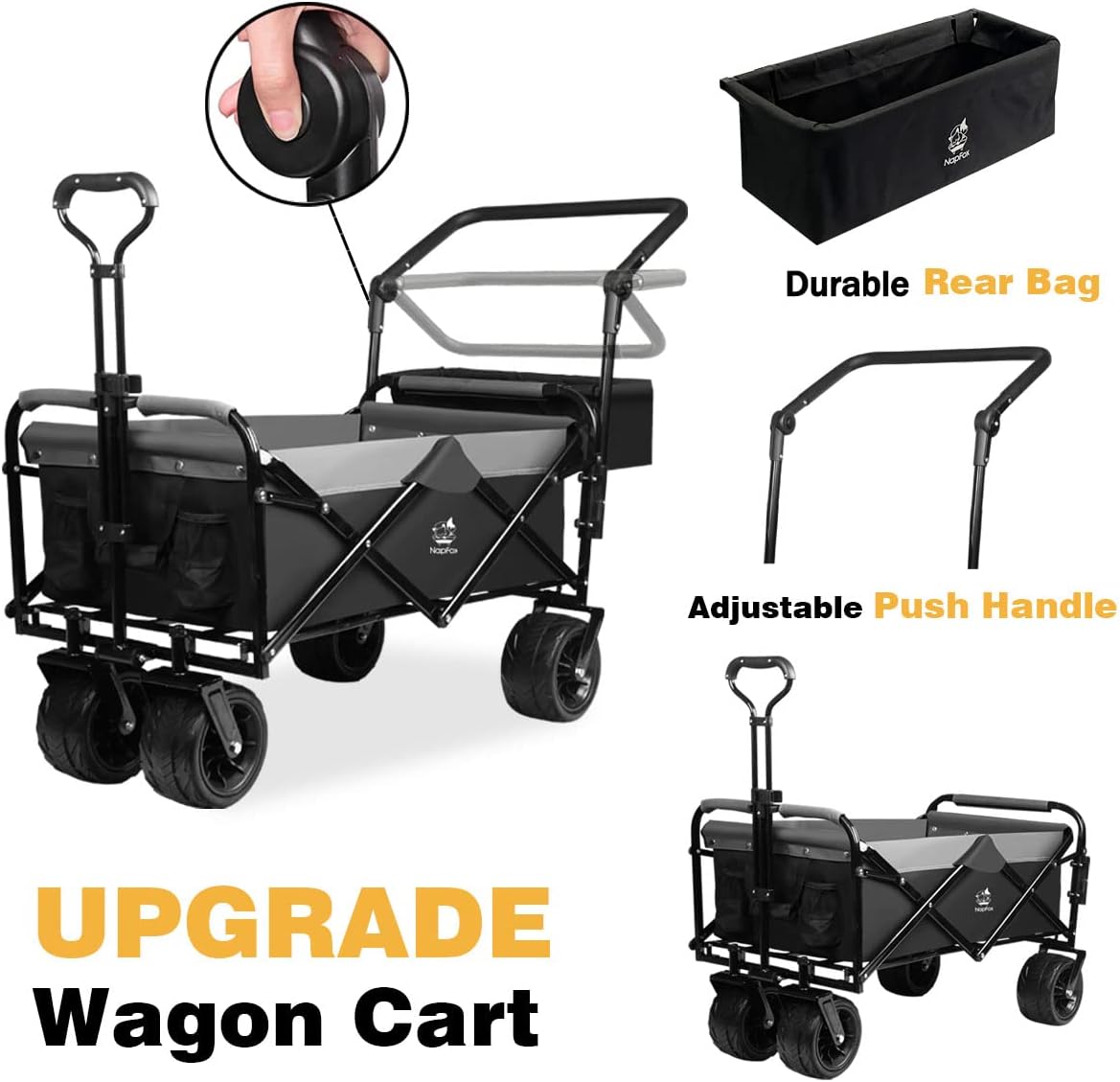 Collapsible Heavy Duty Beach Wagon Cart All Terrain Beach Wheels Large Capacity Outdoor Folding Utility Camping Garden Cart Brake for Beach Camping Shopping (black＆gray）