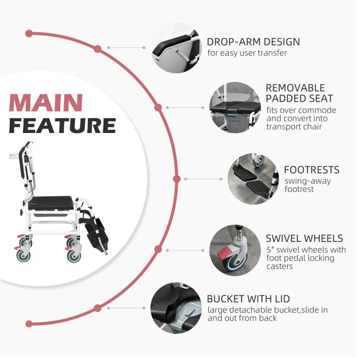 Bathroom Wheelchair，Commode Wheelchair, Rolling Shower Wheelchair with 4 Castor Wheels