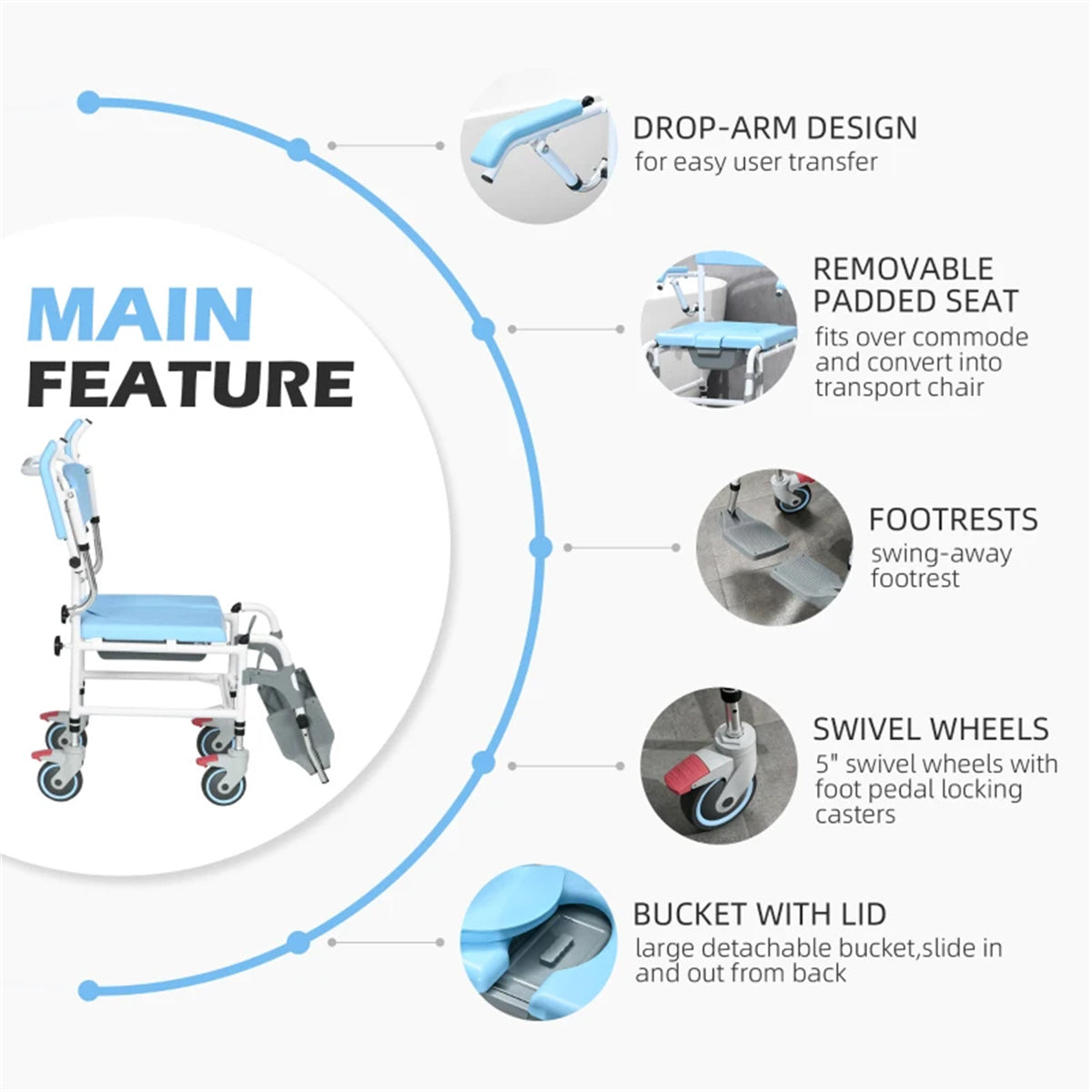 Bathroom Wheelchair，Commode Wheelchair, Rolling Shower Wheelchair with 4 Castor Wheels