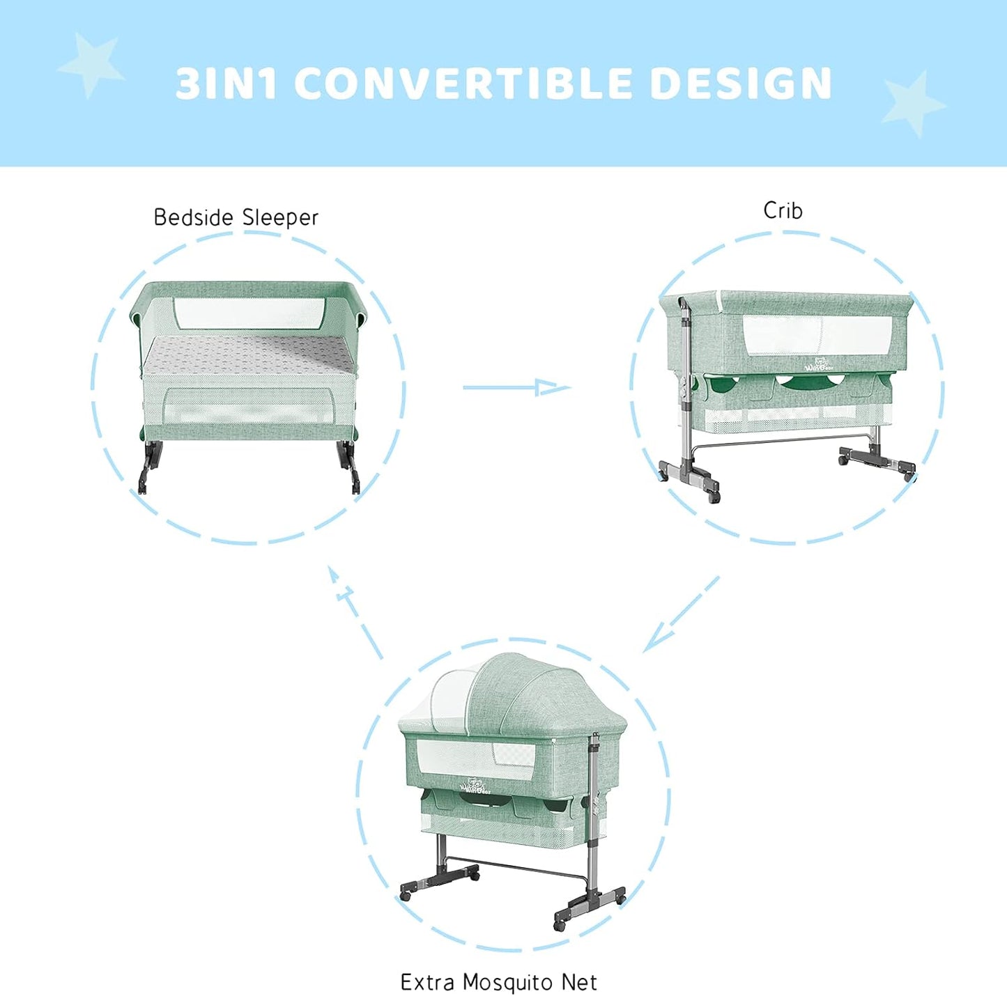 Baby Bassinet Bedside Sleeper 3 in 1 Bedside Crib, Adjustable Portable Bed for Infant/Baby/New born, with Mosquito Nets, Large Storage Bag, Comfortable Mattresses, Lockable Wheels,Green