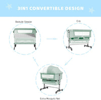 Baby Bassinet Bedside Sleeper 3 in 1 Bedside Crib, Adjustable Portable Bed for Infant/Baby/New born, with Mosquito Nets, Large Storage Bag, Comfortable Mattresses, Lockable Wheels,Green