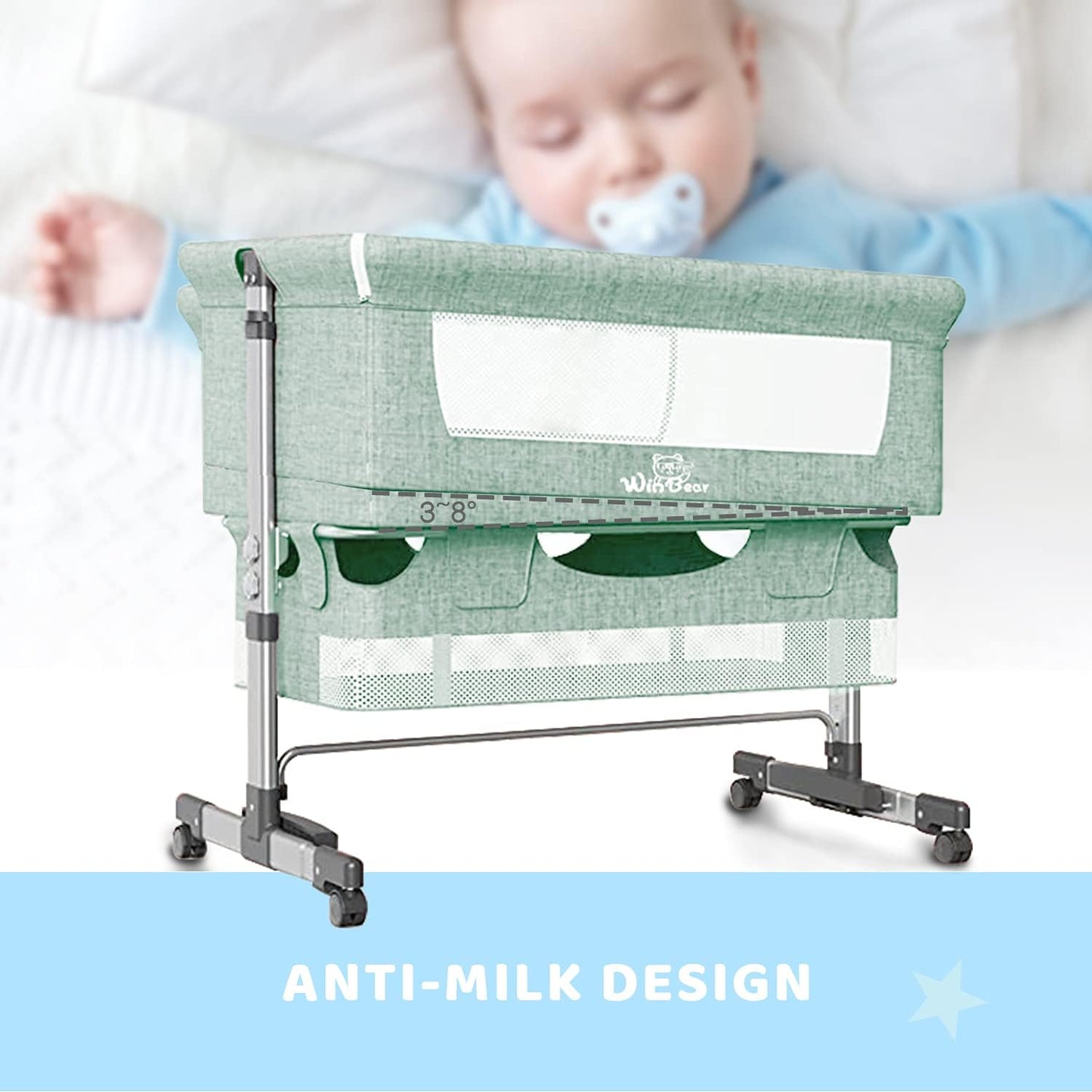 Baby Bassinet Bedside Sleeper 3 in 1 Bedside Crib, Adjustable Portable Bed for Infant/Baby/New born, with Mosquito Nets, Large Storage Bag, Comfortable Mattresses, Lockable Wheels,Green