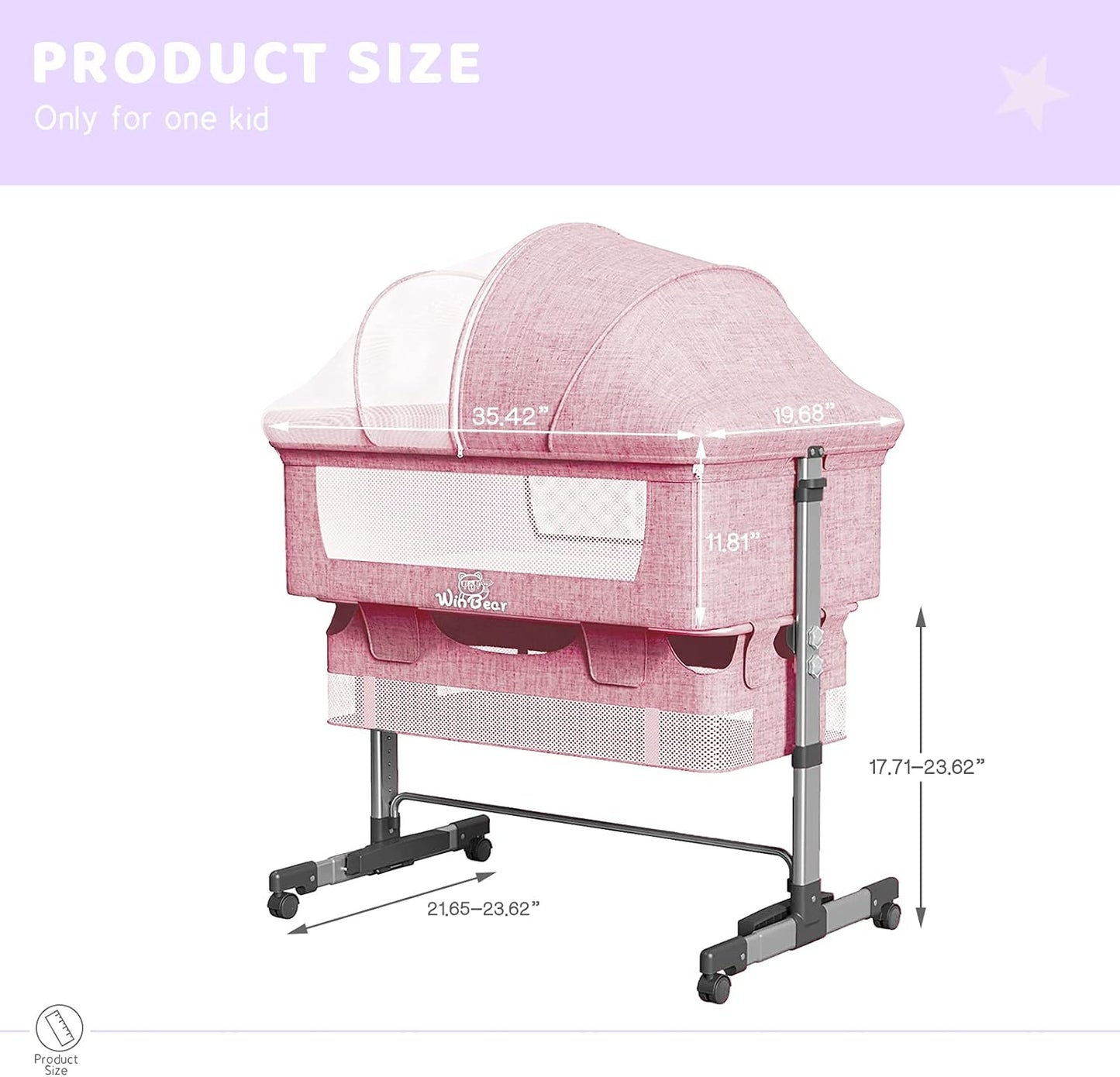 Baby Bassinet Bedside Sleeper 3 in 1 Bedside Crib, Adjustable Portable Bed for Infant/Baby/New born, with Mosquito Nets, Large Storage Bag, Comfortable Mattresses, Lockable Wheels, Pink