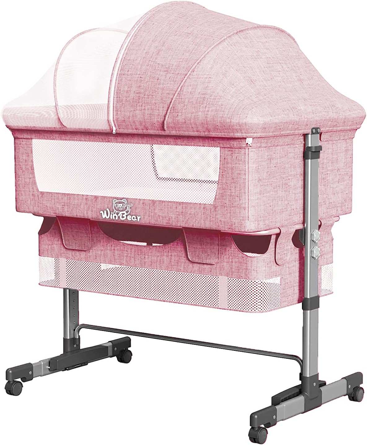 Baby Bassinet Bedside Sleeper 3 in 1 Bedside Crib, Adjustable Portable Bed for Infant/Baby/New born, with Mosquito Nets, Large Storage Bag, Comfortable Mattresses, Lockable Wheels, Pink