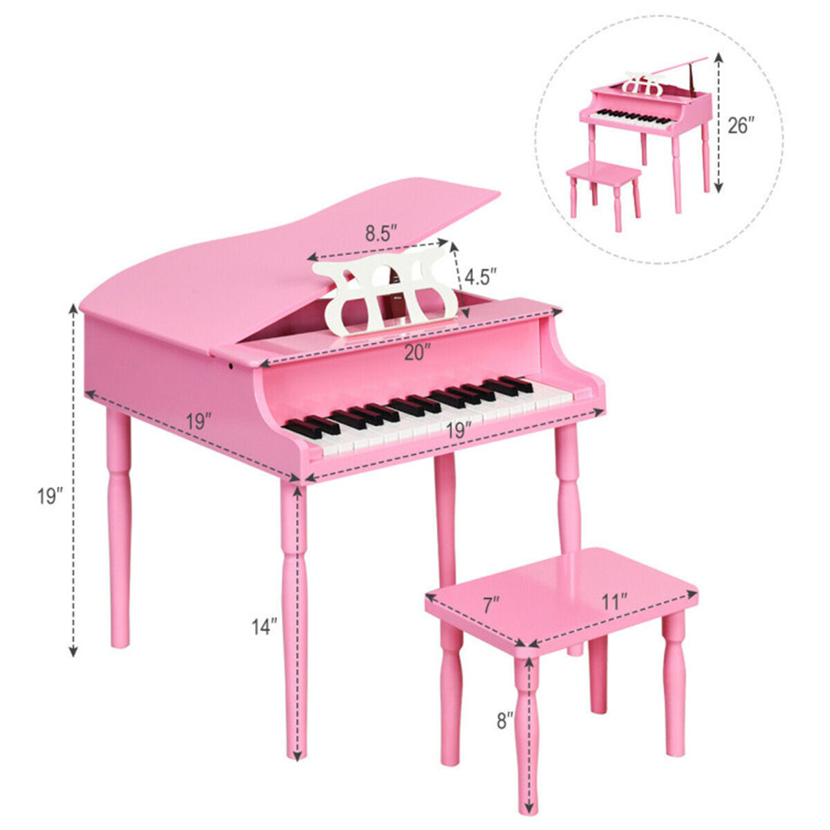 Pink Kids Piano 30-Key Wood Toy Kids Grand Piano with Bench and Music Rack