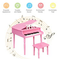 Pink Kids Piano 30-Key Wood Toy Kids Grand Piano with Bench and Music Rack