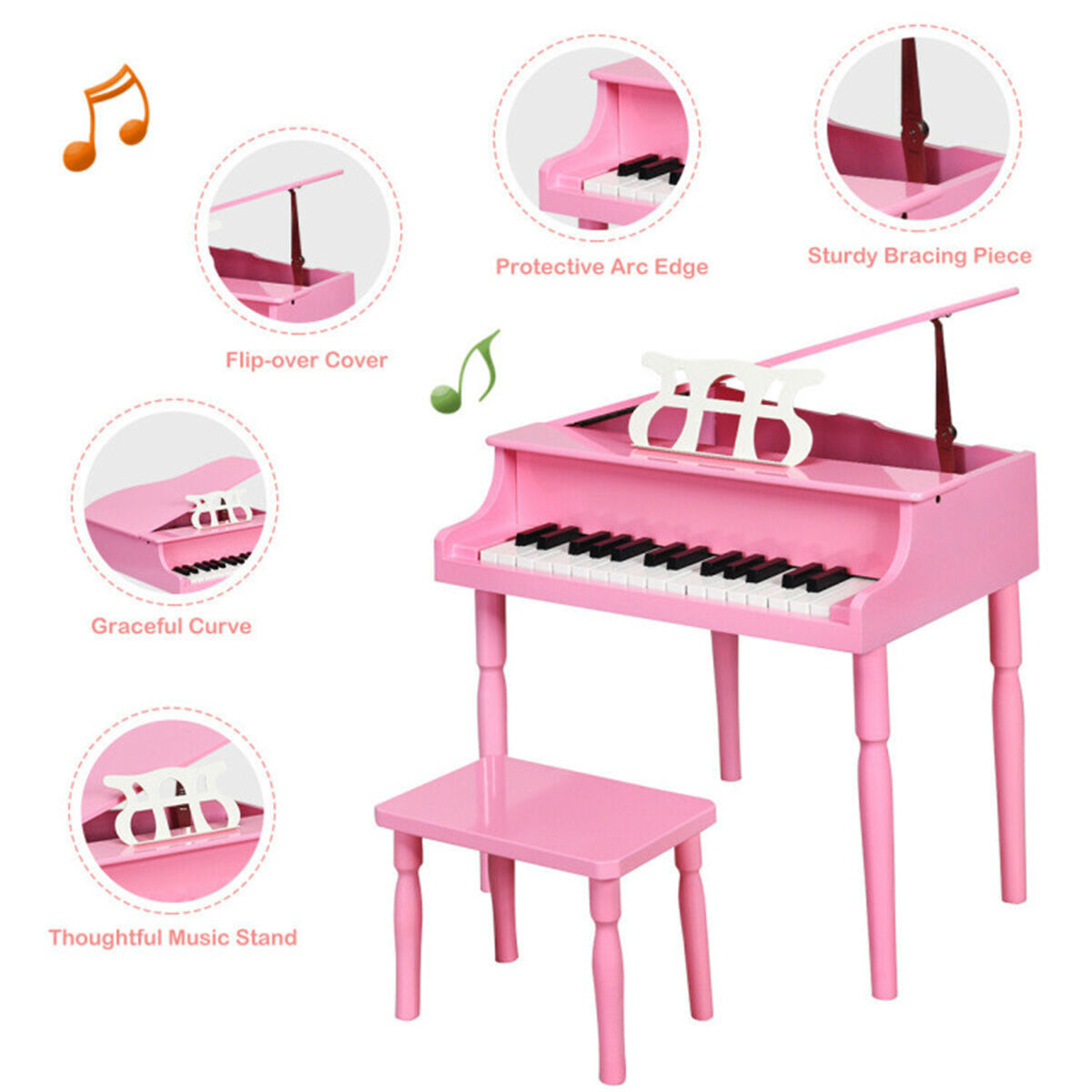 Pink Kids Piano 30-Key Wood Toy Kids Grand Piano with Bench and Music Rack