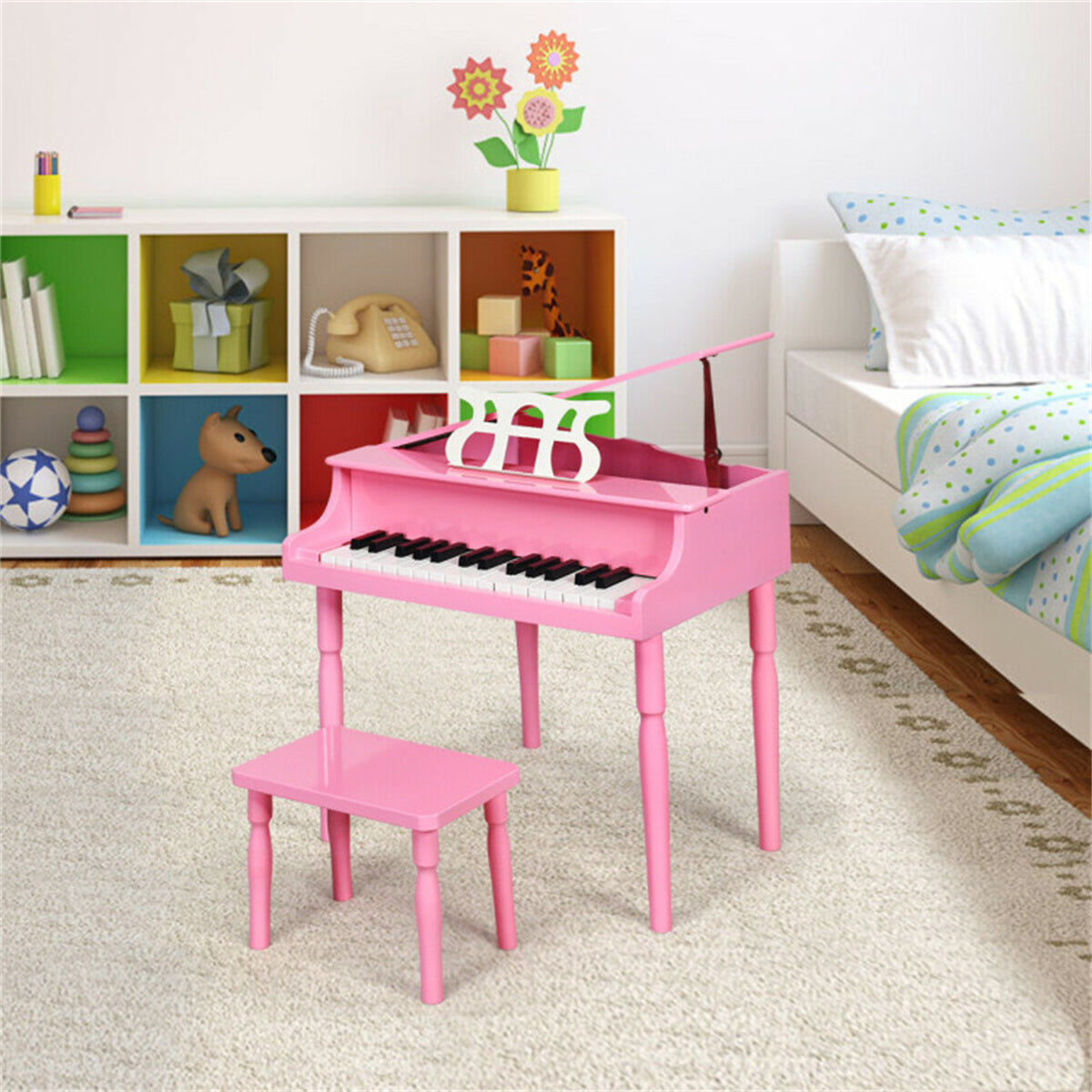 Pink Kids Piano 30-Key Wood Toy Kids Grand Piano with Bench and Music Rack