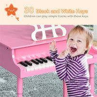 Pink Kids Piano 30-Key Wood Toy Kids Grand Piano with Bench and Music Rack