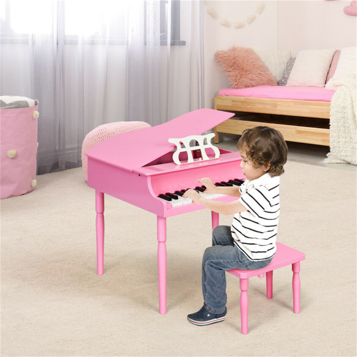 Pink Kids Piano 30-Key Wood Toy Kids Grand Piano with Bench and Music Rack