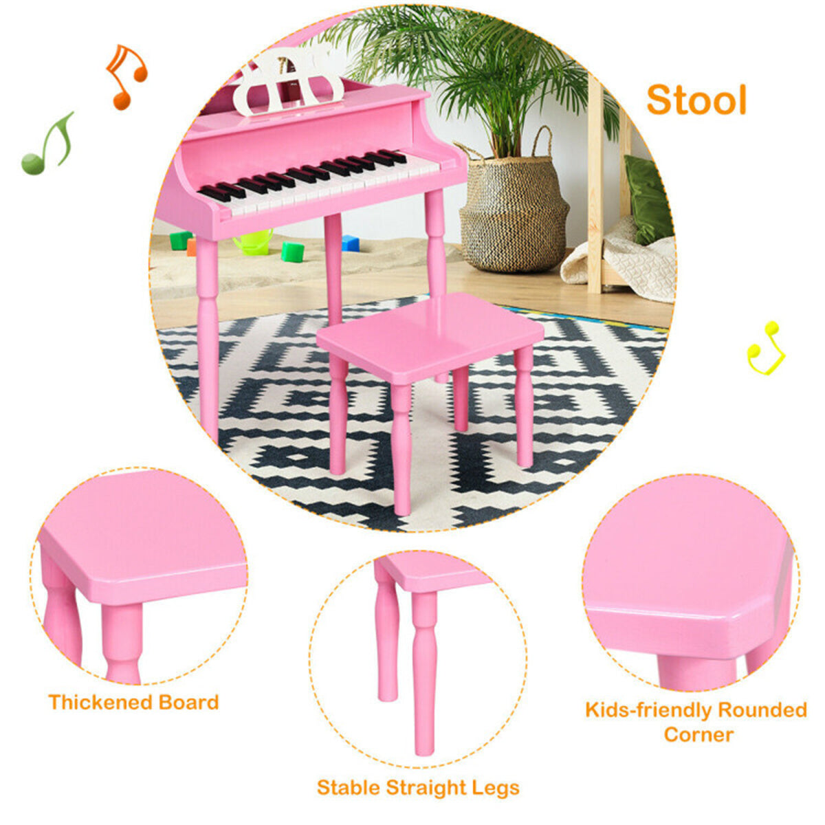 Pink Kids Piano 30-Key Wood Toy Kids Grand Piano with Bench and Music Rack