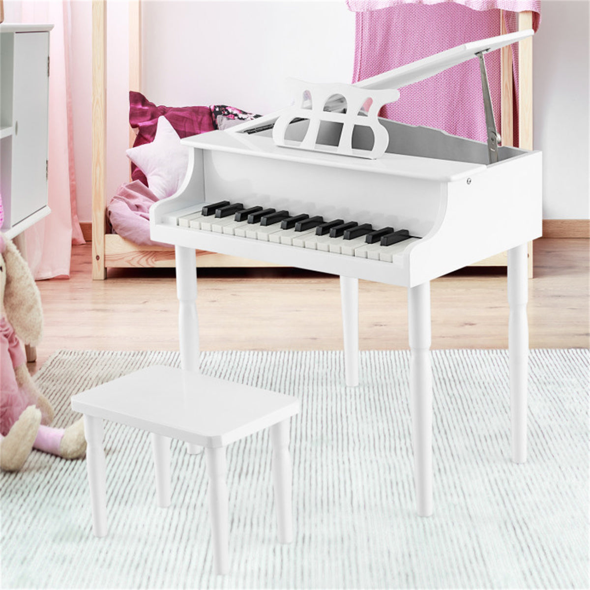 White Kids Piano 30-Key Wood Toy Kids Grand Piano with Bench and Music Rack