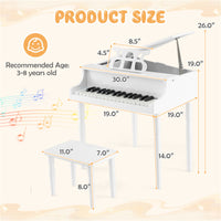 White Kids Piano 30-Key Wood Toy Kids Grand Piano with Bench and Music Rack