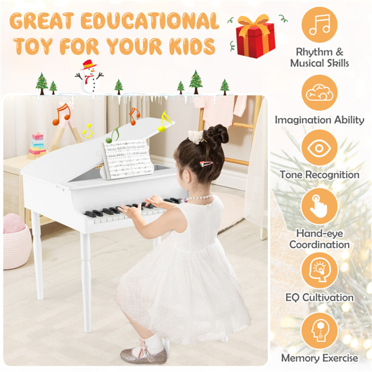 White Kids Piano 30-Key Wood Toy Kids Grand Piano with Bench and Music Rack