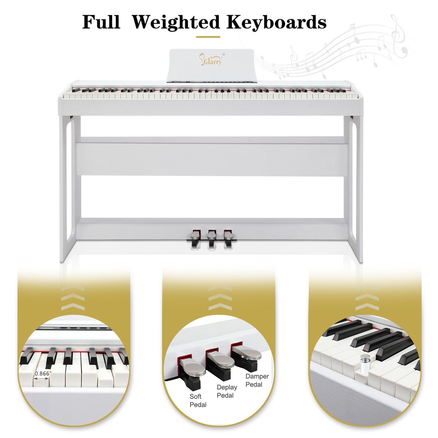 [Do Not Sell on Amazon]Glarry GDP-104 88 Keys Full Weighted Keyboards Digital Piano with Furniture Stand, Power Adapter, Triple Pedals, Headphone, for All Experience Levels White