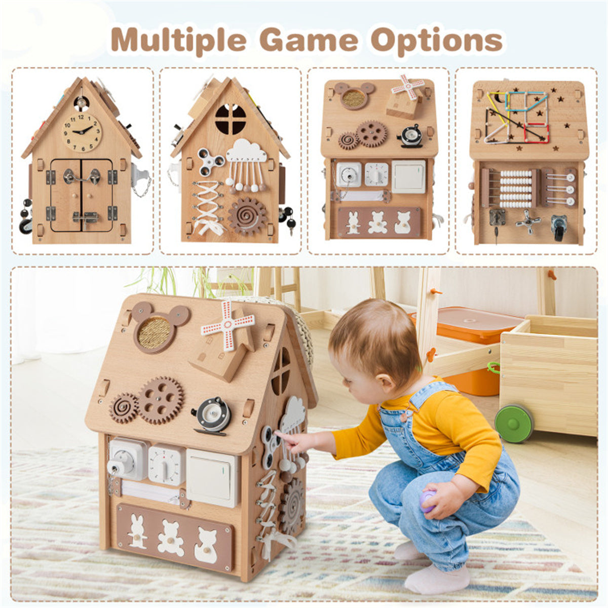 Playhouse Multi-purpose Busy House with Sensory Games and Interior Storage Space Games