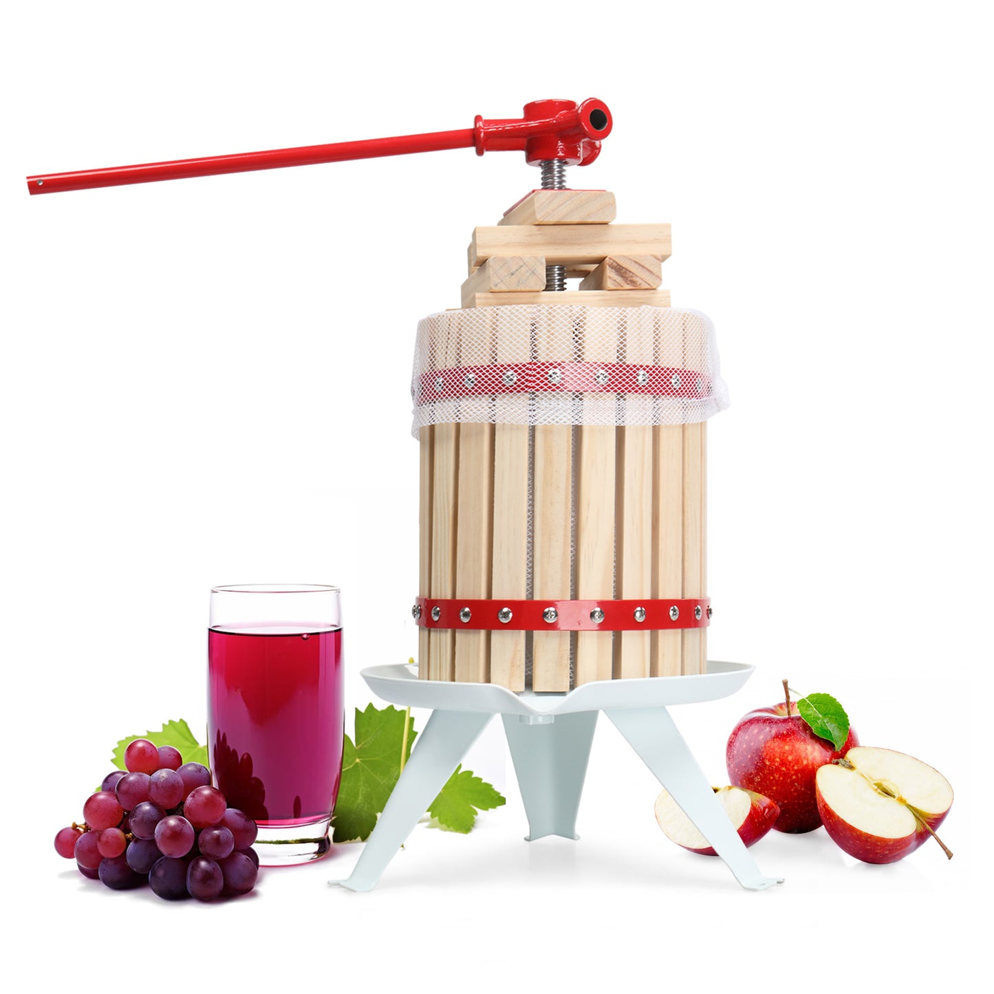 1.6 Gallon Fruit Wine Press, Solid Wood Basket Wine Making Press with 6 Blocks, 6 Liter Cider Apple Grape Crusher Manual Juice Maker for Kitchen Home Outdoor, Red