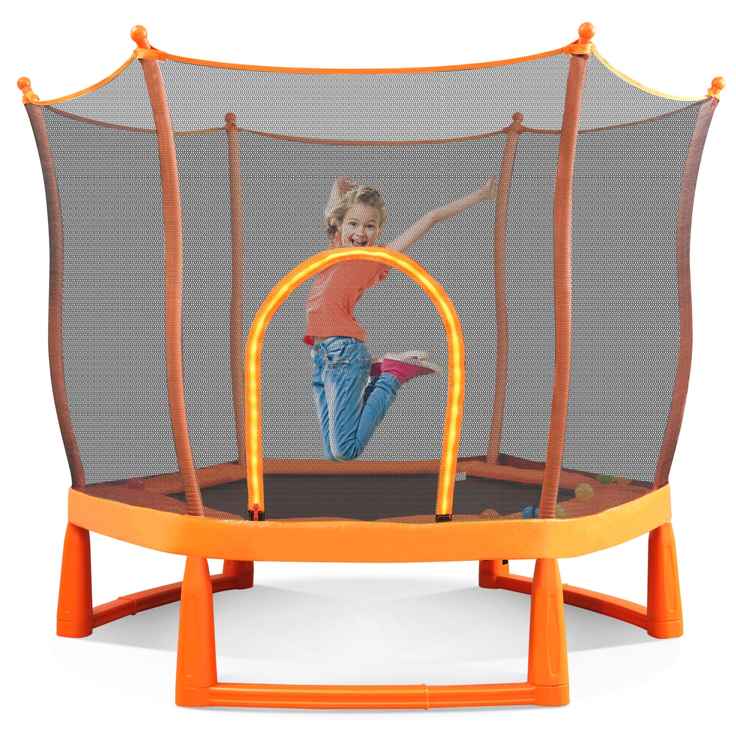 6FT Toddlers Trampoline with Safety Enclosure Net and Ocean Balls, Fully Protected Indoor Trampoline and Ball Pit Balls for Kids, Easy Assembly Lotus Shape for Spaciousness