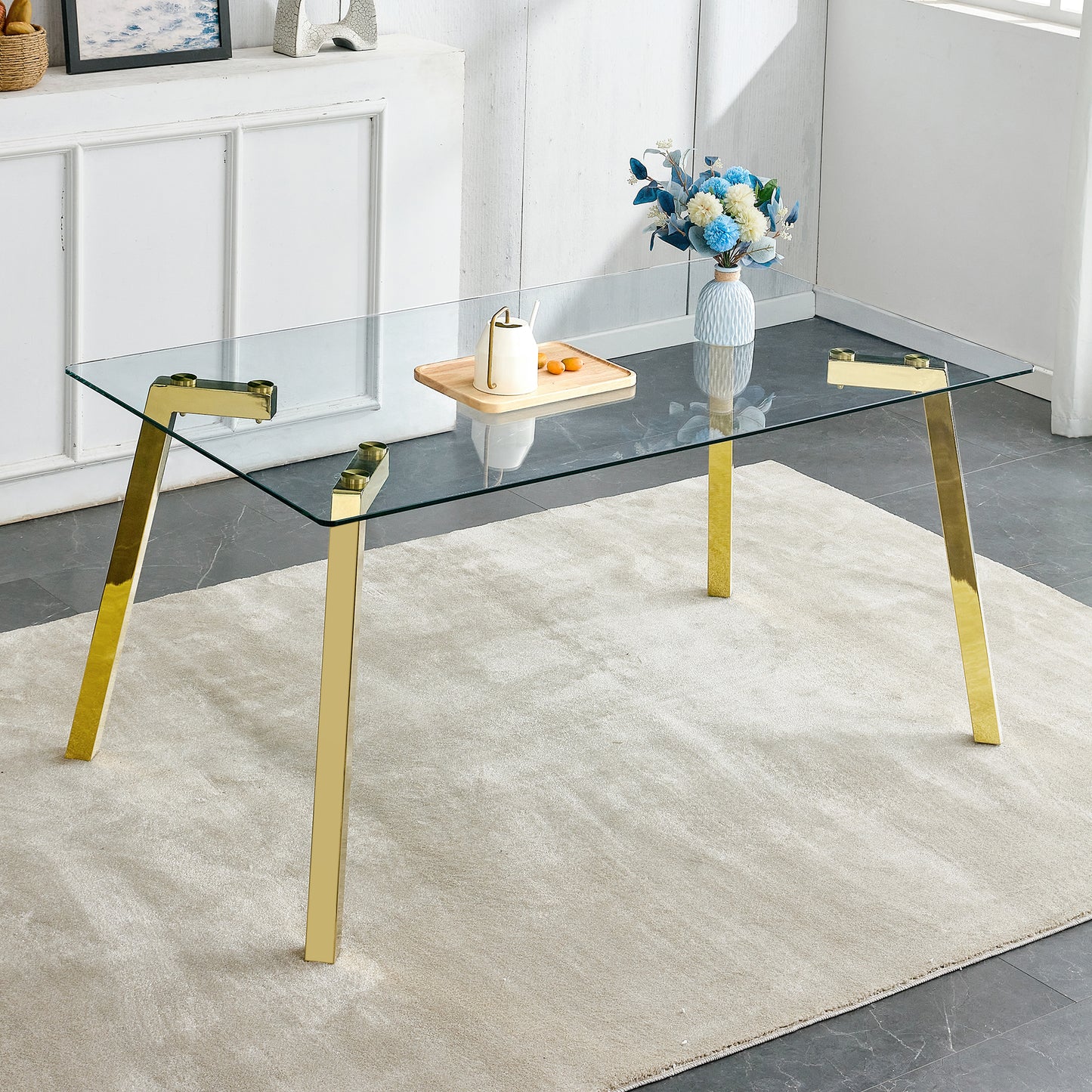 Modern minimalist style rectangular glass dining table with tempered glass tabletop and golden metal legs, suitable for kitchen, dining room, and living room, 63 inches * 35.4 inches * 30 inches