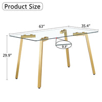 Modern minimalist style rectangular glass dining table with tempered glass tabletop and golden metal legs, suitable for kitchen, dining room, and living room, 63 inches * 35.4 inches * 30 inches