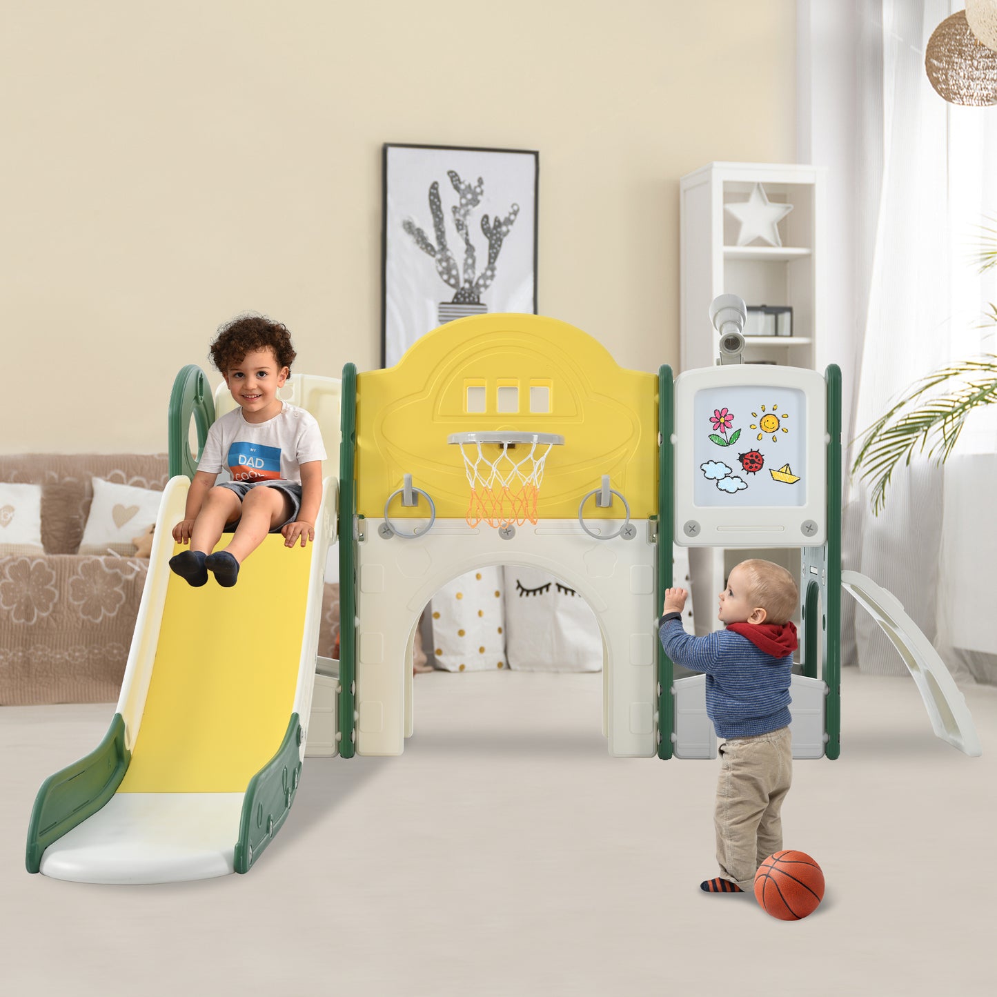 Kids Slide Playset Structure 9 in 1,  Spaceship Set with Slide, Arch Tunnel, Ring Toss, Drawing Whiteboardl and Basketball Hoop for Toddlers, Kids Climbers Playground