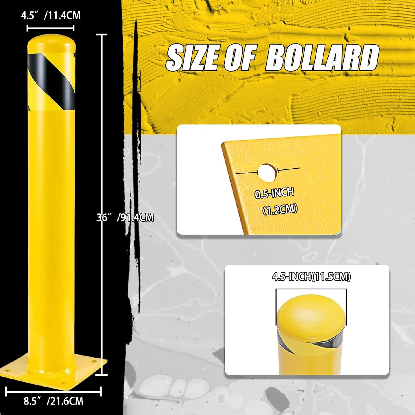 Safety Bollard Post, 36 Inch Height Steel Bollards, 4.5 Inch Diameter Parking Bollard, Yellow Powder Coated Safety Parking Barrier Post, for Traffic Sensitive Areas, 10PCS