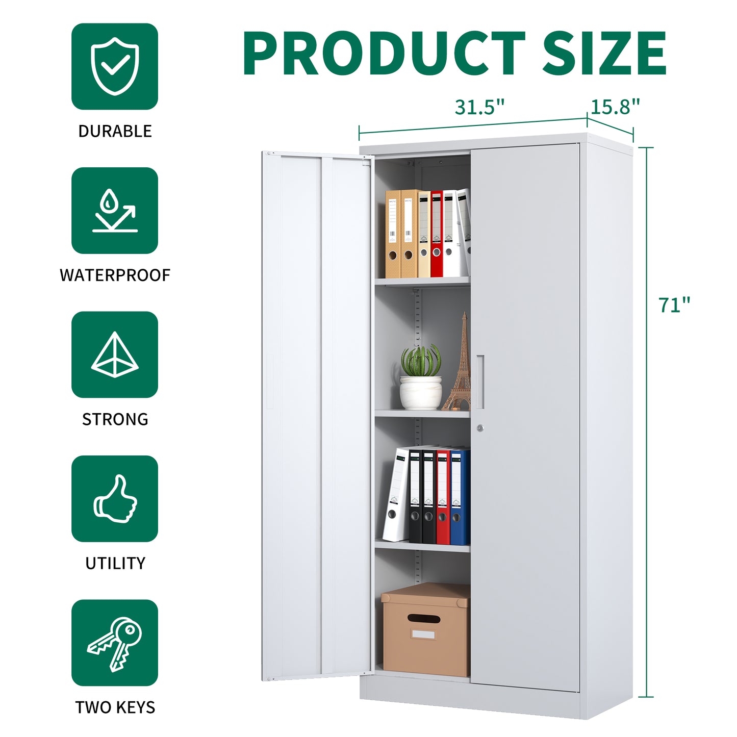 71"H Metal Garage Storage Cabinet, White Tool Steel Locking Cabinet with Doors and 3 Adjustable Shelves, Tall Cabinets for Garage Storage Systems Lockable File Cabinet for Home Office,Classroom,Pantry