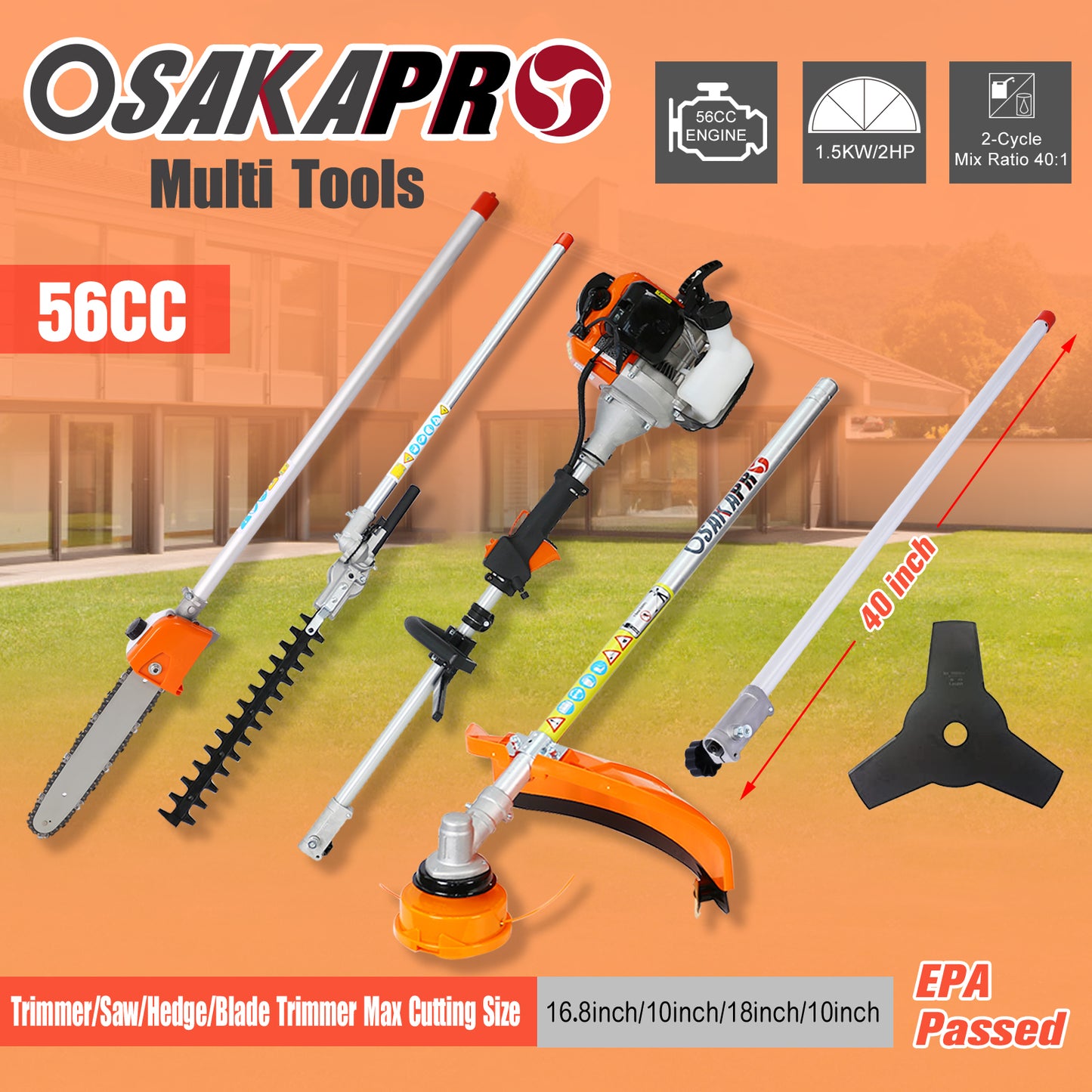 5 in 1 Multi-Functional Trimming Tool, 56CC 2-Cycle Garden Tool System with Gas Pole Saw, Hedge Trimmer, Grass Trimmer, and Brush Cutter EPA Compliant