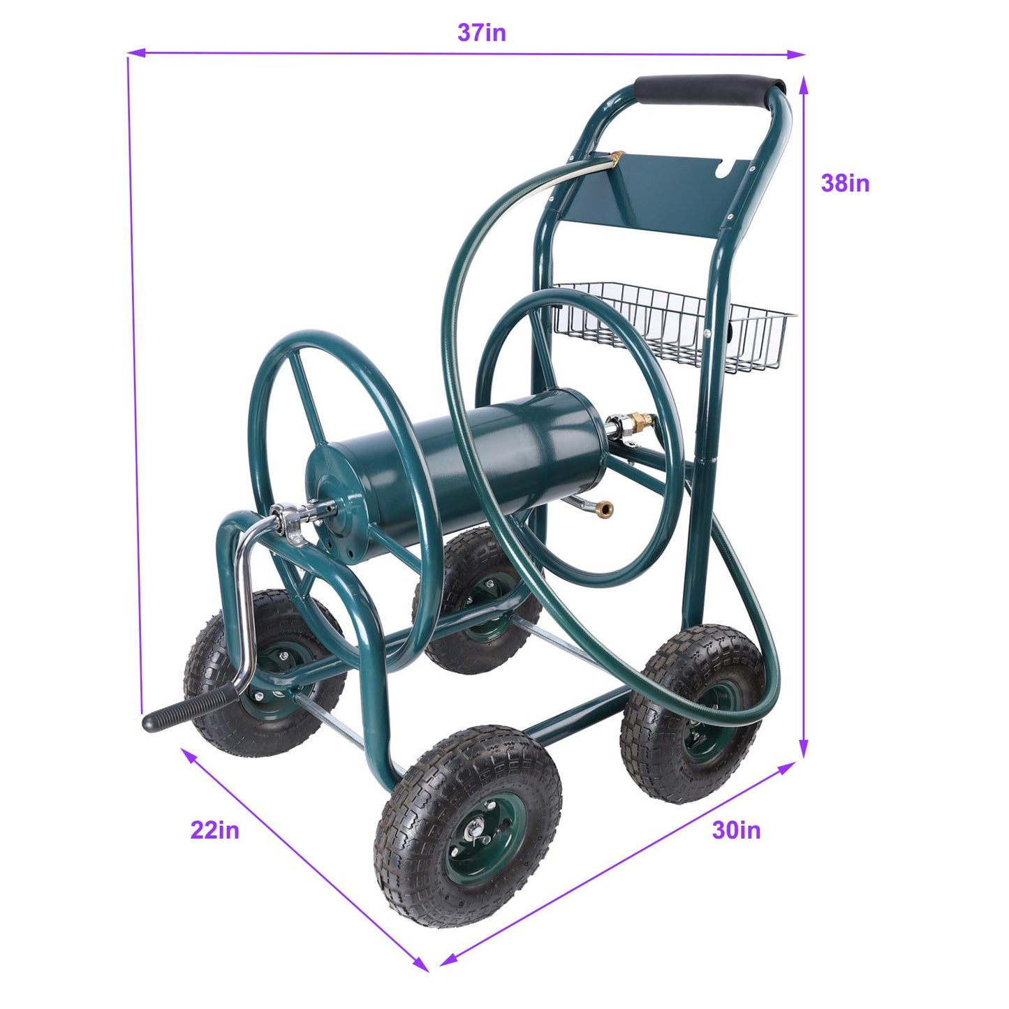 Garden Hose Reel Cart - 4 Wheels Portable Garden Hose Reel Cart with Storage Basket Rust Resistant Heavy Duty Water Hose Holder