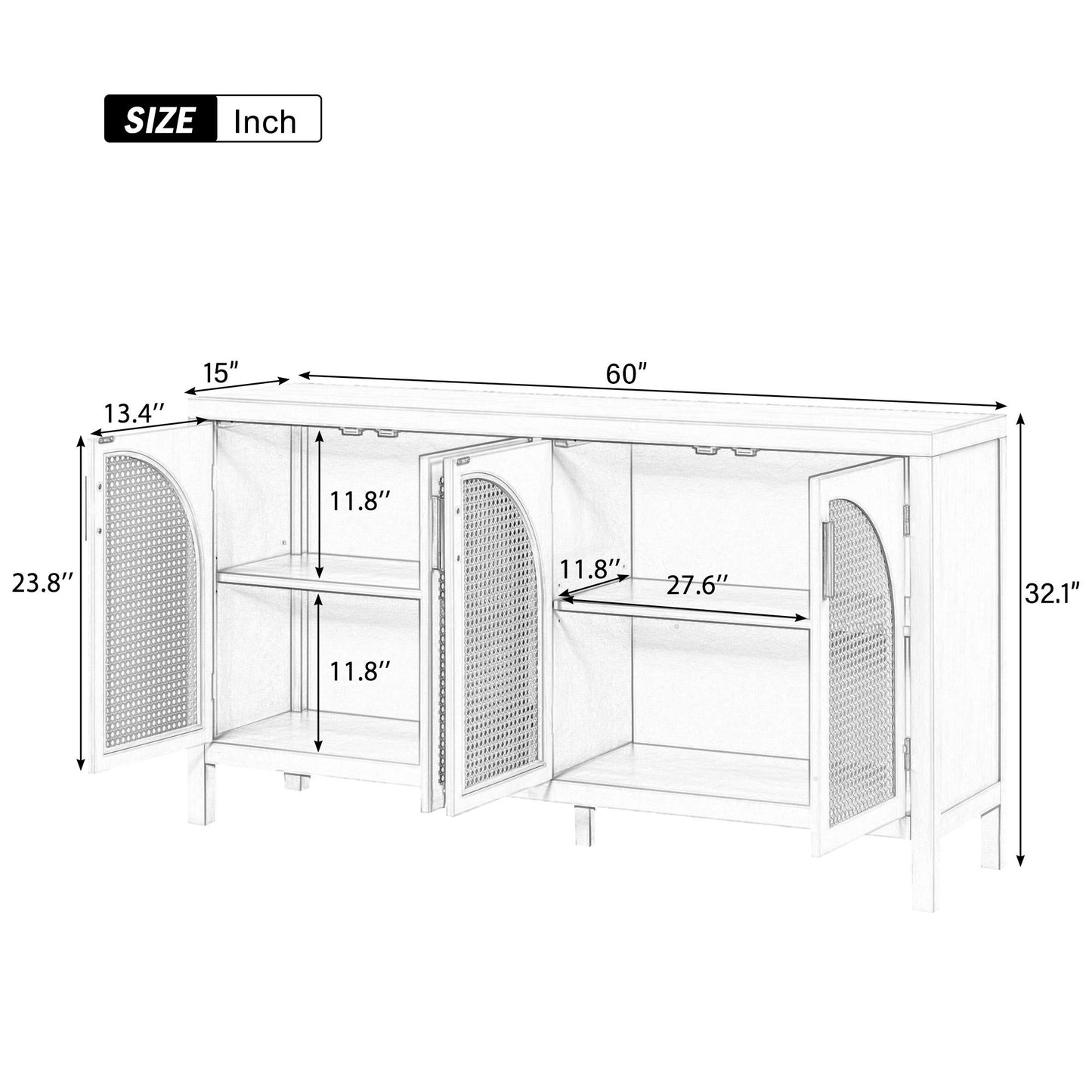 Large Storage Space Sideboard with Artificial Rattan Door and Metal Handles for Living Room and Entryway (Black)