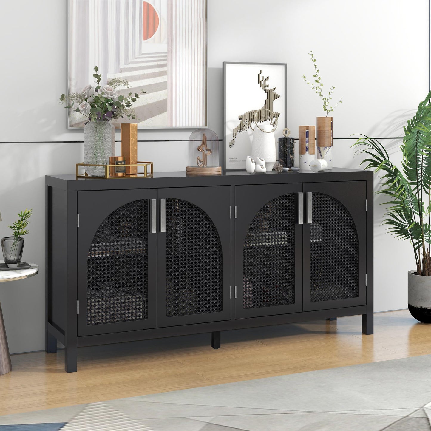 Large Storage Space Sideboard with Artificial Rattan Door and Metal Handles for Living Room and Entryway (Black)