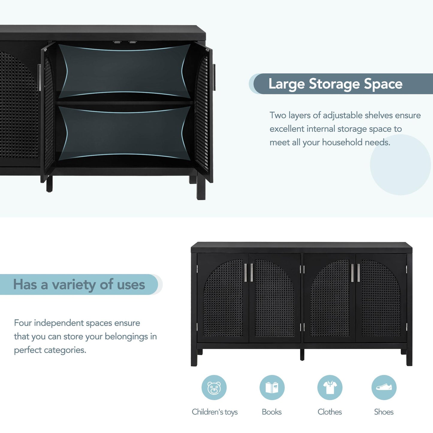 Large Storage Space Sideboard with Artificial Rattan Door and Metal Handles for Living Room and Entryway (Black)