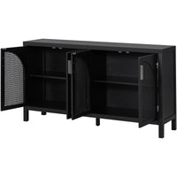 Large Storage Space Sideboard with Artificial Rattan Door and Metal Handles for Living Room and Entryway (Black)