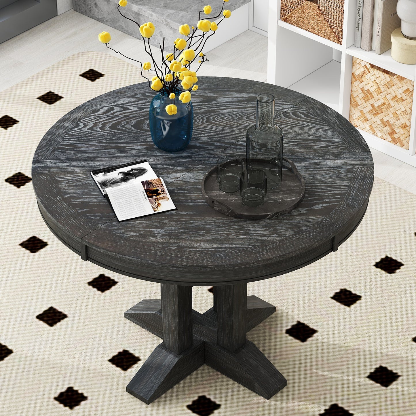 Farmhouse Dining Table Extendable Round Table for Kitchen, Dining Room(Black)