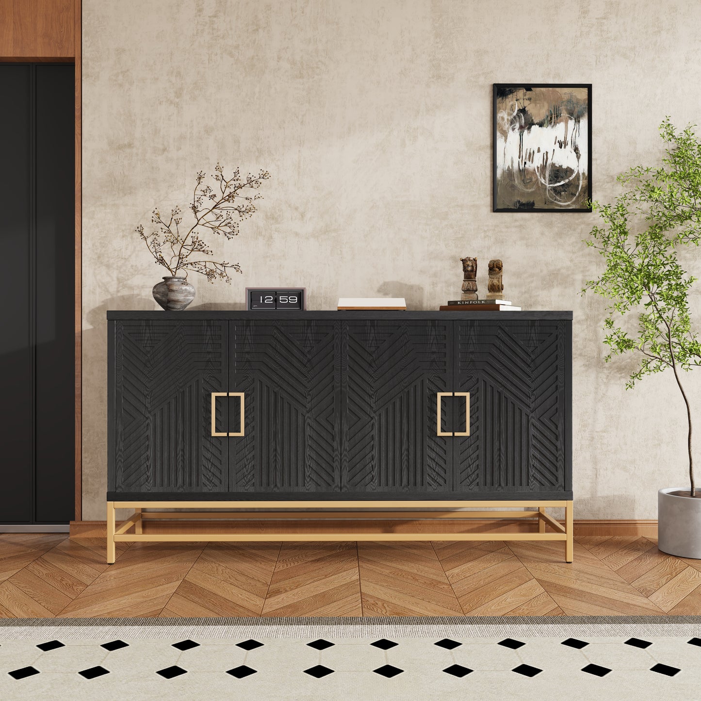 Retro Style Sideboard with Adjustable Shelves, Rectangular Metal Handles and Legs for  Kitchen, Living room, and Dining Room  (Black)